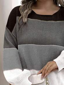 SHEIN Plus Size Color Block Round Neck Drop Shoulder Sweater, Winter Knit Pullover Fall Outfit Autumn - Black and White - View 3