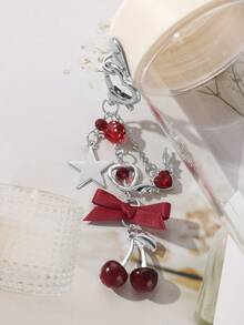 ROMWE Kawaii 1pc Y2K Chic Elegant High-Quality Silver Chain Star Dice Ribbon Bow Crystal Wing Heart Cherry Pendant Keychain, Suitable For Women/Girls Daily Wear, Holiday Gift - Burgundy - View 9
