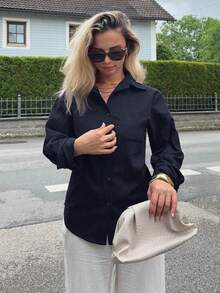 Jeta Ari Women's Solid Color Casual Versatile Loose Long Sleeve Collared Pocket Shirt, Spring/Summer Fall Tops - Navy Blue - View 6