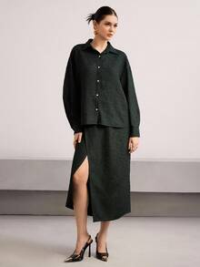 Heiryn Women's Elegant Commuter Solid Color Textured 2 Pieces Set - Dark Green - View 5