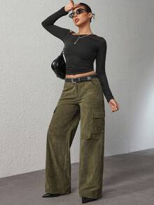 SHEIN ICON 女式休闲复古纯色灯芯绒阔腿裤