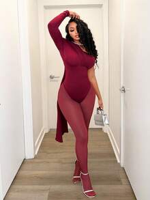BamGleam 女式纯色不对称领长袖连体裤和性感透明紧身裤两件套 - 酒紅色 - 查看 1