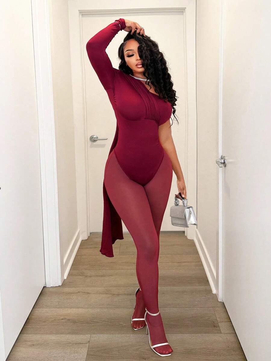 BamGleam 女式纯色不对称领长袖连体裤和性感透明紧身裤两件套 - 酒紅色 - 查看 1