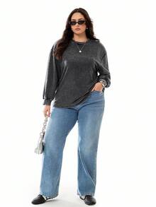 SHEIN EZwear Plus Drop Shoulder Sweatshirt For Spring And Autumn Graduation,Back To School Outfits,Graduation,Teacher Outfits For Women,Back To School Winter Fall - Black - View 2