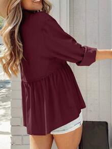 INAWLY 女士春秋季纯色落肩长袖宽松可爱娃娃衬衫 - 酒紅色 - 查看 2