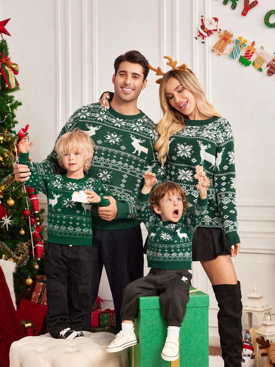 Manfinity RelaxMax Christmas Family Matching Men's Reindeer Pattern Crew Neck Long Sleeve Sweater, Autumn/Winter - Green - View 1