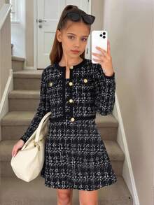 Serisse Kids 2 件青少年女孩休闲通勤时尚优雅黑白格子背带裙搭配撞色金属纽扣装饰夹克，时尚日常穿着，秋冬 - 黑與白 - 查看 4