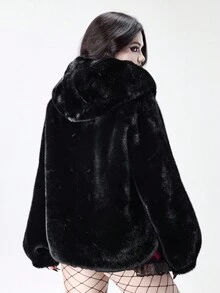 ROMWE 女士秋冬时尚暗黑朋克风格拉链连帽仿皮草夹克 - 黑色 - 查看 3