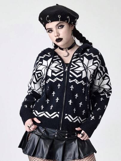 Autumn/Winter Hooded Zipper Knit Cardigan For Women, Black & White Snowflake Jacquard Vintage Christmas Style Loose Knitted Outerwear