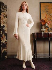 Arave 纯色连衣裙，女式法式简约腰部修身针织长裙 - 杏色 - 查看 4