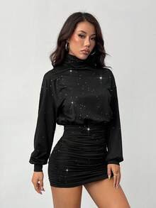 SHEIN PETITE Váy ngắn xếp ly tay đèn lồng thanh lịch dành cho nữ, váy cổ lọ bó sát, vải có họa tiết, đi làm, tối giản, công sở, phong cách cổ điển, đơn giản, thu/đông, - màu đen - Xem 4
