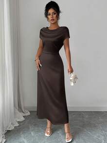 Rafferiza Women's Elegant Date/Commute Turtleneck Tie-Up Satin Short Sleeve Dress