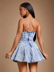 Radiana Strapless Sweetheart Neckline Quilted A-Line Vacation Denim Mini Dresses&Women Denim Dress&Bodycon Dress&Summer Outfits&Summer Women Dresses&Sexy Dress&Tube Dress - Blue - View 2