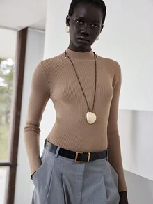 SHEIN Luminelle 女士优雅时尚简约百搭通勤立领罗纹针织毛衣，秋冬 - 卡其色 - 查看 5