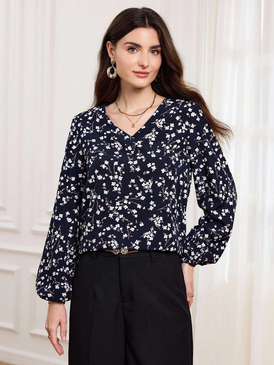 SHEIN LUNE 女士碎花V领灯笼袖宽松休闲衬衫，休闲款 - 彩色 - 查看 1