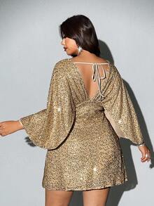 Viva Relle 大码女士优雅派对亮片V领收腰迷你连衣裙，适合新年、情人节等场合 - 杏色 - 查看 2