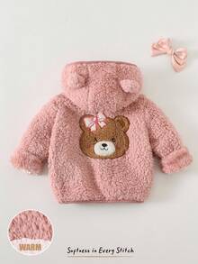 Cozy Pixies 女婴卡通熊图案保暖连帽开衫外套，秋冬季女婴抓绒冬装外套，冬季小熊婴儿外套，小熊外套，女婴毛绒外套，女婴冬季服装 - 藕粉色 - 查看 10