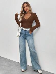 SHEIN LUNE Women's V-Neck Cable Knit Tight Fit Casual Retro White Sweater, Autumn/Winter,Fall,Fall Clothes For Women