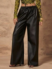 Chiquease Women's Black Low Waist Elastic Waistband Leather Pants,Casual Loose Fit Wide Leg Trousers With Drawstring,Autumn Night Out Textured Fabric Daily Wear - Black - View 3