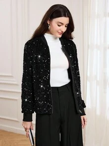 Miaspire 女士优雅常规夹克，串珠刺绣面料优雅夹克，适合正式场合，秋冬 - 黑色 - 查看 4