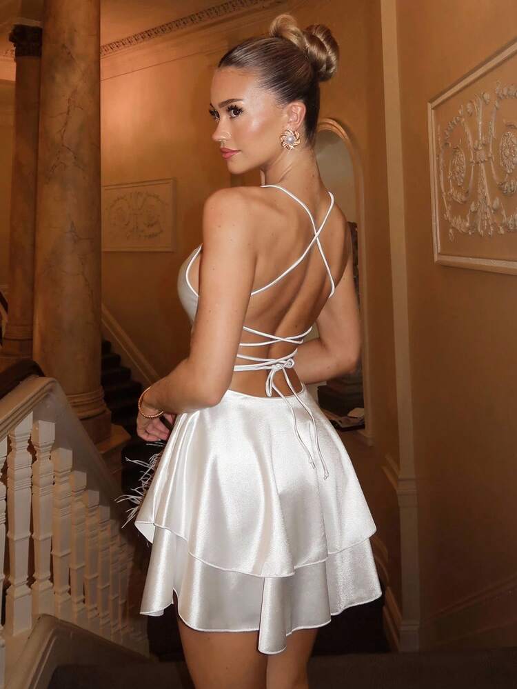 Glamine Charm Draped Lace Up Backless Layered Cami Dress Mini Short Women Outfit - White - View 2