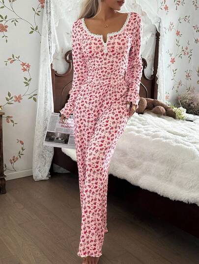 CottageSlumber Cottage Slumber Kanten Square Neck Button Romantic Ditsy Bloemen Long Sleeve Top Pants Pajama Set Roze Pyjama Comfy Matching Lounge Set, Fall Clothes view 5