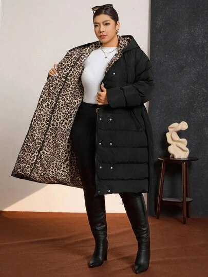 Zelara Plus Size Women'S Everyday Black Contrast Leopard Print Lining Hooded Long Sleeve Slim Fashion Quilted Jacket, Thermal Lining, Cold Protection, Comfortable Warmth, 2025 New Style, Women'S Winter Clothes, Vintage, Going Out Clothes, Autumn Clothes, Windbreaker, Women'S Winter, Plus Size Autumn Clothes, Women'S Office Clothes, Women'S Autumn Clothes, Women'S Elegant Clothes, Women'S Autumn Clothes, Halloween, Halloween Costumes, Women'S Halloween Costumes, Old Money Style Women'S Clothes, Women'S Autumn Clothes, Business Casual Women'S Clothes, Women'S Office Clothes, Women'S Work Clothes, Business Professional Women, Women'S Business Casual Clothes, Women'S Office Clothes, Office Clothes, Suitable For Many Occasions, Plus Size Women'S Long Sleeve Pocket Casual Hooded Jacket Autumn