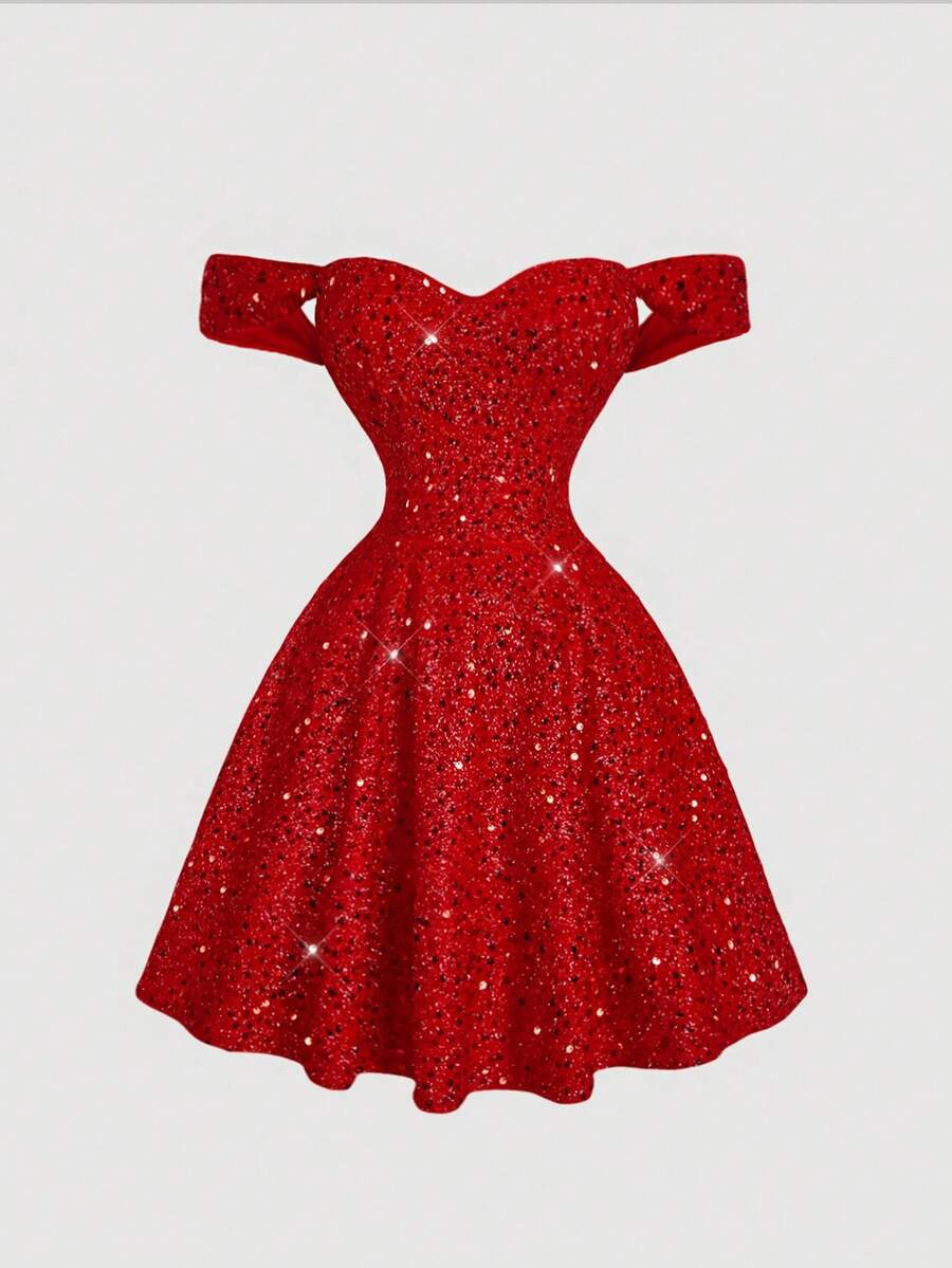 SHEIN MOD 女士红色亮片露肩迷你连衣裙、礼服、红色连衣裙、仙女芯、筒裙、仙女裙、公主化妆舞会礼服、除夕夜礼服、新年派对礼服、节日礼服 - 紅色 - 查看 1
