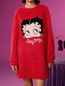 Betty Boop x SHEIN 女士秋冬字母卡通刺绣落肩睡裙睡衣，哞哞睡袍