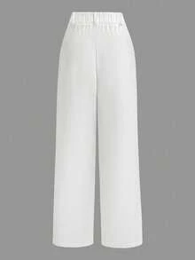 EMERY ROSE Plus Size White Pleated Waist Belt Loop Casual Straight Leg Versatile Business Pants - White - View 2