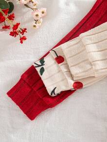 SHEIN Vintaside Kids 3件套女婴秋季樱桃印花信封领罗纹针织连体衣套装