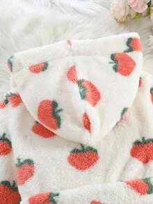 女童舒适柔软白色草莓印花长袖连帽长袍家居服 - 白色 - 查看 5
