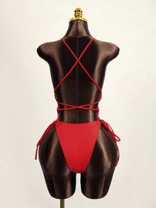 Bonvoyette 2025 Solid Color Backless Halter One-Piece Swimsuit For Beach Vacation - Red - View 2