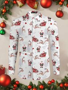 EASEVO 男士加大码圣诞老人印花长袖单排扣衬衫，秋季，圣诞节 - 白色 - 查看 1