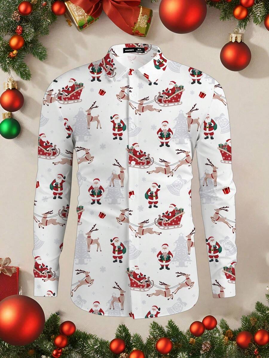 EASEVO 男士加大码圣诞老人印花长袖单排扣衬衫，秋季，圣诞节 - 白色 - 查看 1