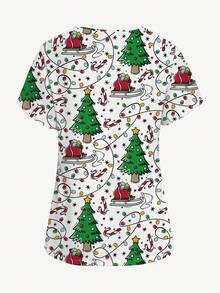 PopScrub Women's Fashion V-Neck Short Sleeve Allover Print Christmas Tree & Fairy Lights Nurse Scrub Uniform Top - Multicolor - View 2