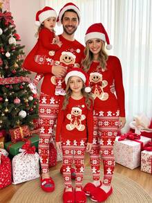 SHEIN Young Girls Festive Christmas, Christmas Red, Cute Cartoon Gingerbread Man Mini Bow Print, Vibrant Fair Isle Pattern Print, Family Party, Young Girl Casual Thermal Lined Soft Comfortable Long Sleeve Pants Pajama Set, Suitable For Autumn/Winter