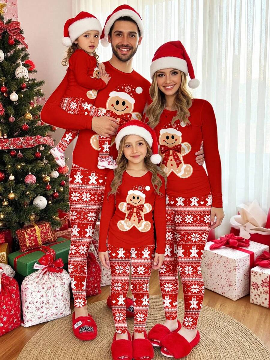 SHEIN Young Girls Festive Christmas, Christmas Red, Cute Cartoon Gingerbread Man Mini Bow Print, Vibrant Fair Isle Pattern Print, Family Party, Young Girl Casual Thermal Lined Soft Comfortable Long Sleeve Pants Pajama Set, Suitable For Autumn/Winter
