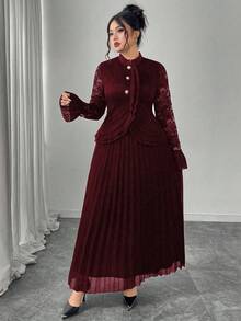 Modelyn Bộ váy midi voan xếp ly và áo ren thanh lịch cỡ lớn cho nữ, đầm dạ hội dự tiệc cao cấp - Đỏ - Xem 6