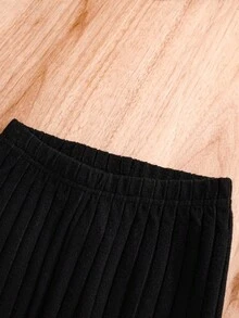 2pcs/Set Girls Ribbed Knit Fleece Warm Hooded T-Shirt Set,Cute Embroidered Bow,Curved Hem,Black Pink,Autumn,School,Back-To-School Stretchy Fitted Wear - Black - View 4