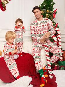 Velminro 男士圣诞印花长袖睡衣套装 秋季服装 - 紅白色 - 查看 1