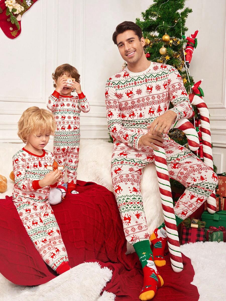 Velminro 男士圣诞印花长袖睡衣套装 秋季服装 - 紅白色 - 查看 1