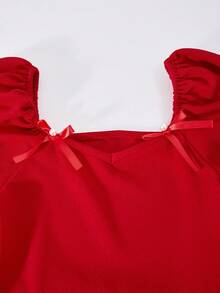 SHEIN Mädchen Lässiges elegantes Kleid mit V-Ausschnitt und Langarm, gerippte Manschetten, Schleife & Perlen Dekor an Oberteil & Saum, geeignet für Party, Reise, Lässig Tragen, kann mit Jacke oder Mantel kombiniert werden - Rot - Übersicht 3