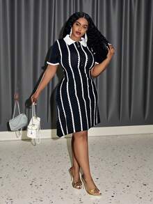 Slaydiva Đầm len ngắn in họa tiết thời trang thường ngày dành cho nữ cỡ lớn - màu đen - Xem 6