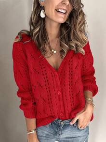 EMERY ROSE Cardigan casual a maglia con scollo a V e design traforato, tinta unita, da donna