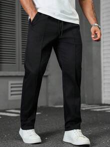 Manfinity Homme Men Cotton Solid Color Seam Front Elastic Waist Casual Pants, Men Slim Fitted Elastic Trousers, Fall - Black - View 4