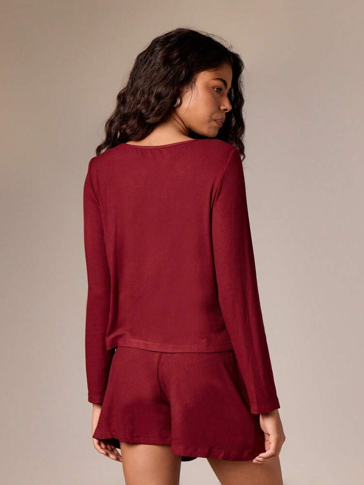 Button Front Ribbed Top With Matching Shorts