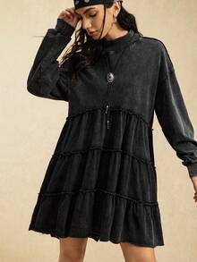 SHEIN EZwear Đầm dài tay dài tay bồng, cổ cao, vai rớt, dáng suông, màu trơn dành cho nữ, kiểu dáng thường ngày. - màu đen - Xem 4