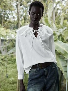 Lumivelle Damen Einfarbiges minimalistisches Langarm-Hemd mit Bindedetail, lässiger Alltags-Look - Weiss - Übersicht 6