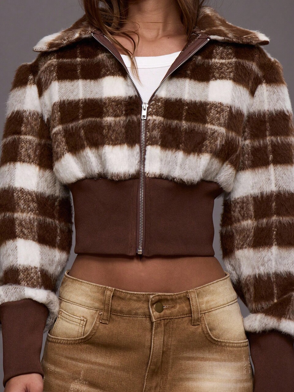 Jaqueta Curta com Zíper, Gola, Bainha Cinturada, Estampa Xadrez Fofinha, para Noite de Inverno, Streetwear Fofa, Volta às Aulas